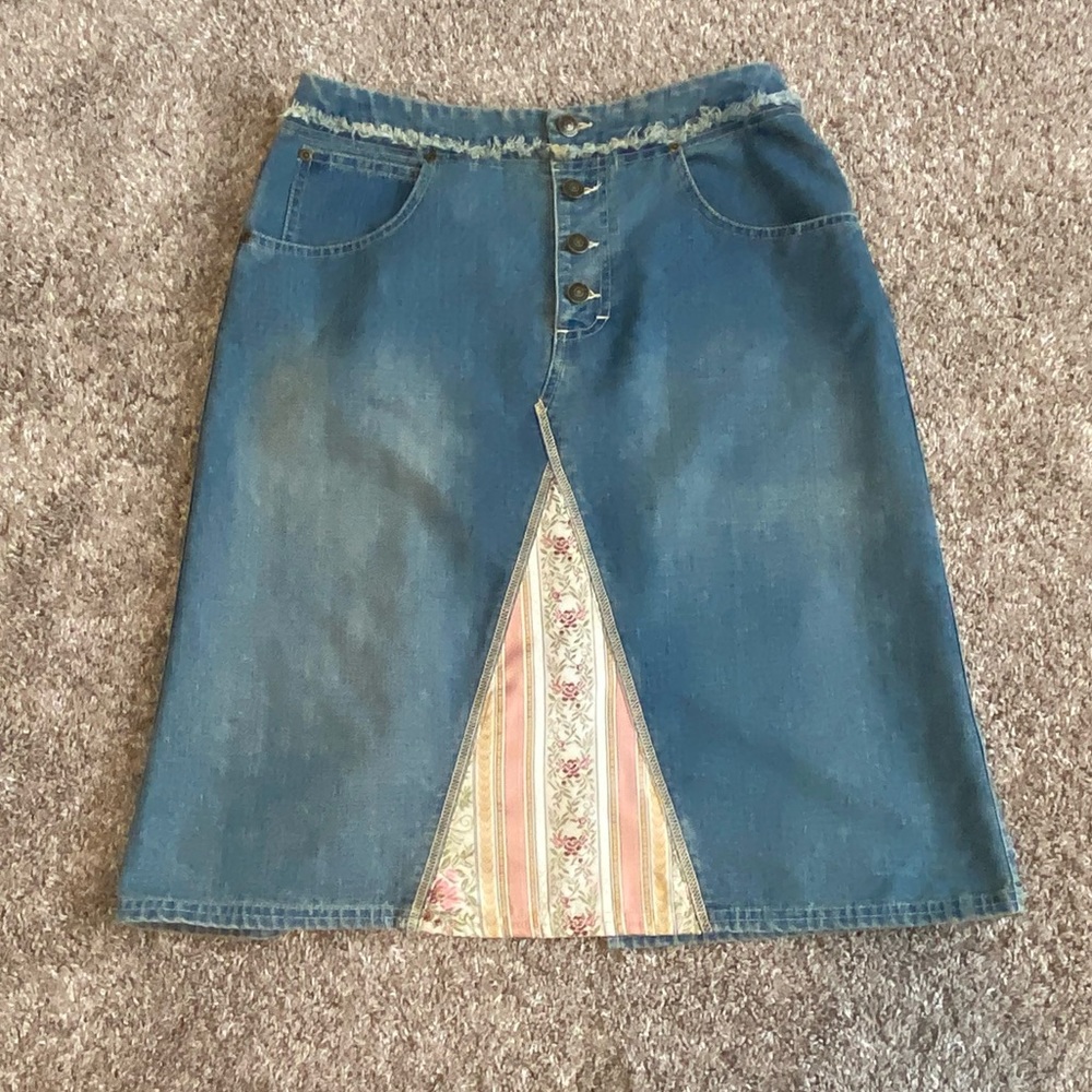 Gloria Vanderbilt Blue Denim Pink Floral Insert Skirt A-Line Button Fly 6 VTG